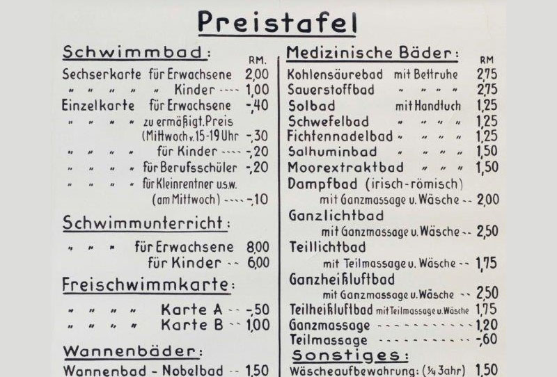 Ansicht einer Historischen Preistafel um 1924, bezahlt wurde in Reichsmark